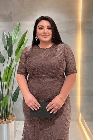 Pul Payet Kumaş Degaje Yaka Abiye Elbise - AÇIK KAHVE-GYM-41104-GYM-41104