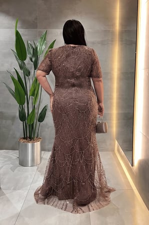 Pul Payet Kumaş Degaje Yaka Abiye Elbise - AÇIK KAHVE-GYM-41104-GYM-41104