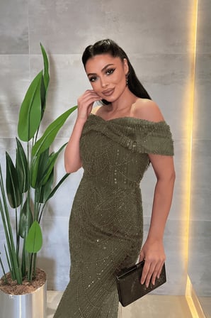 Kayık Yaka Boncuklu Kumaş Abiye Elbise - HAKİ YEŞİLİ-GYM-41177