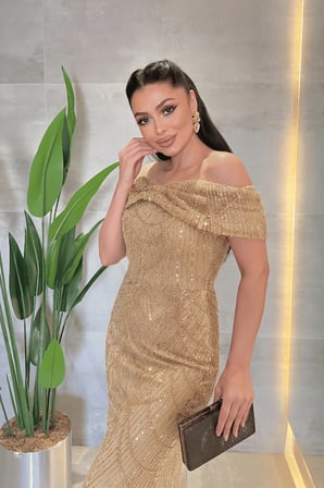 Kayık Yaka Boncuklu Kumaş Abiye Elbise - GOLD-GYM-41177