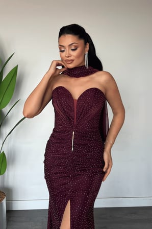 Jakar Kumaş Straplez Şal Detaylı Abiye Elbise - BORDO-GYM-6879