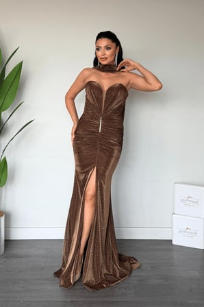 Jakar Kumaş Straplez Şal Detaylı Abiye Elbise - KAHVERENGİ-GYM-6879