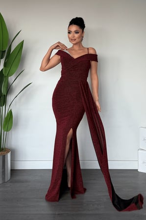 Metalik Kumaş Şal Detaylı Abiye Elbise - BORDO-GYM-39950