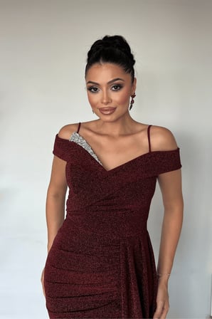 Metalik Kumaş Şal Detaylı Abiye Elbise - BORDO-GYM-39950