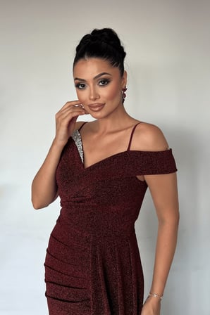 Metalik Kumaş Şal Detaylı Abiye Elbise - BORDO-GYM-39950