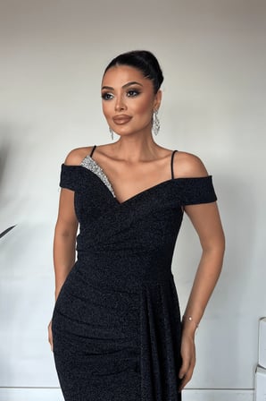 Metalik Kumaş Şal Detaylı Abiye Elbise - LACİVERT