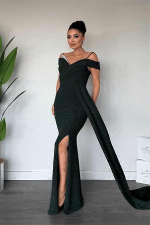 Metalik Kumaş Şal Detaylı Abiye Elbise - ZÜMRÜT YEŞİLİ