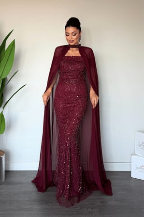 Full Boncuklu Kumaş Pelerin Detaylı Abiye Elbise - BORDO