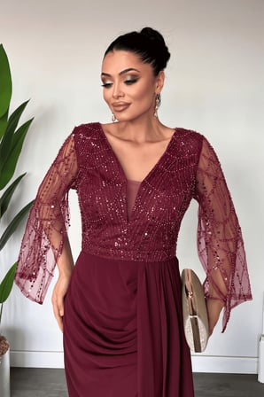 Üstü Boncuklu Kumaş Alt Şifon Şal Detaylı Abiye Elbise - BORDO-GYM-41143