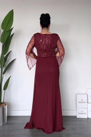 Üstü Boncuklu Kumaş Alt Şifon Şal Detaylı Abiye Elbise - BORDO-GYM-41143