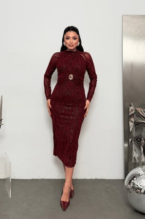 Giyimmasalı Abiye Elbise Bordo Tül Flok Baskılı Astarlı Beden 38