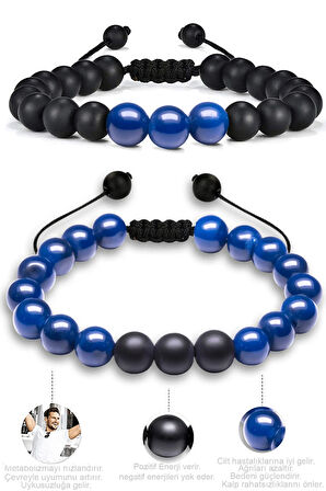 Sertifikalı Makrome Mavi Akik Taşı Doğal Taş Bileklik Seti