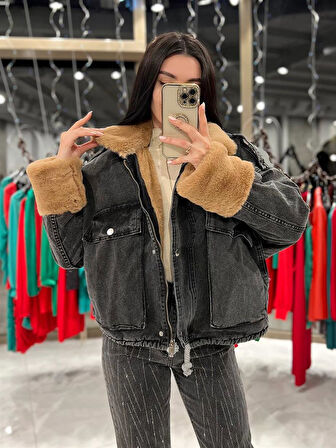 Leksa Kısa İçi Kürklü Kot Mont siyah-bej