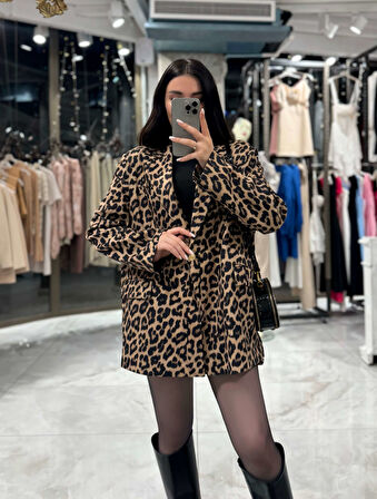 Morni Leopar Desenli Oversize Boyfriend Kesim Blazer