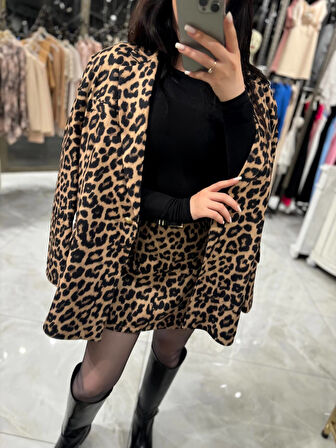 Morni Leopar Desenli Oversize Boyfriend Kesim Blazer