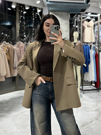 Cedrica Çift Düğmeli Cepli Oversize Blazer Ceket Karamel