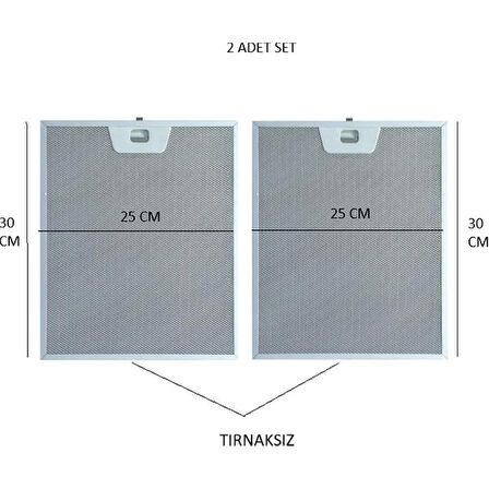 Bosch-Beko-Arçelik-Siemens-Vestel Aspiratör Yağ Filtresi 2 Adet Tırnaksız 25X30 cm