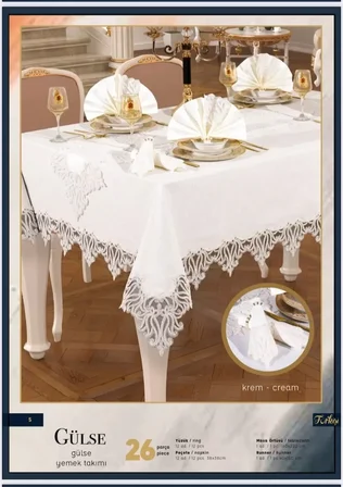 Gülse Yemek Takımı Masa Seti 12 Kişilik 26 Parça 160 × 260 cmRunner Set Krem