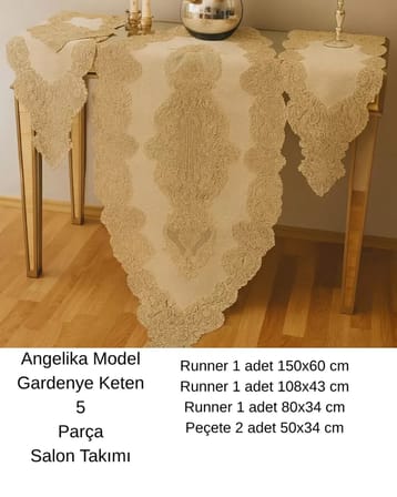 Salon Takımı 5 Parça  Keten Dantelli Masa Örtüsü Runner Seti Angelika Model 236- Simli Gold