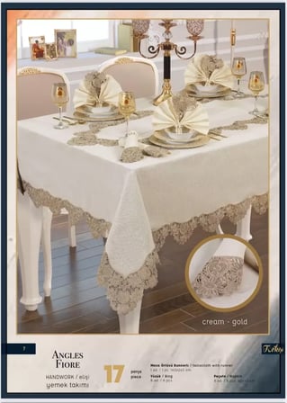 Angles Flora El İşi 17 Parça 8 Kişilik Supla Runner Krem-Gold Şık Çeyizlik Masa Takımı