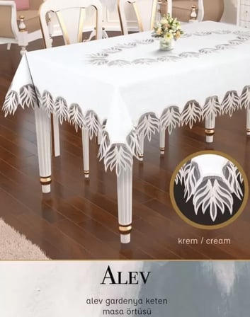Gardenya Keten 140x180 cm Dantelli Tek Masa Örtüsü Alev Model Krem Şık Yemek Masası Örtüsü