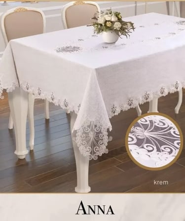 Gardenya Keten Tek Masa Örtüsü 160x220 cm Dantelli Yemek Masası Örtüsü Anna Model Krem