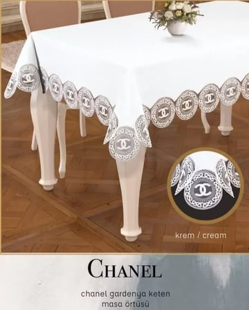 Chanel Model Gardenya Keten Krem-Krem 160x220 cm Dantelli Yemek Masası Örtüsü