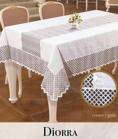 Keten Kendinden Runnerli Masa Örtüsü 160x220 cm Yemek Masası Örtüsü Diorra Model Krem-Gold