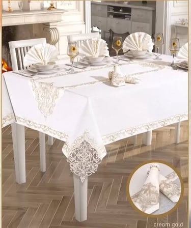 Elegant Linen 26 Parça 12 Kişilik Krem-Gold Supla Runner Şık Çeyizlik Masa Takımı