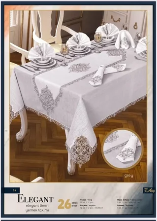 Elegant Linen Krem-Gümüş 12 Kişilik 26 Parça Supla Runner Şık Premium Sofra Masa Takımı