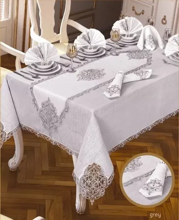 Elegant Linen Krem-Gümüş 12 Kişilik 26 Parça Supla Runner Şık Premium Sofra Masa Takımı