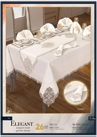 Elegant  Linen Yemek Takımı Masa Seti 12 Kişilik 26 Parça Supla Runner Set Krem-Gümüş