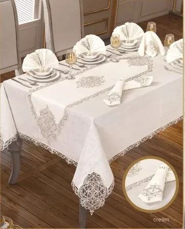 Elegant  Linen Yemek Takımı Masa Seti 12 Kişilik 26 Parça Supla Runner Set Krem-Gümüş