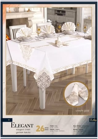 26 Parça Elegant Linen Krem-Gold 12 Kişilik Şık Çeyizlik Masa Takımı Supla Runner