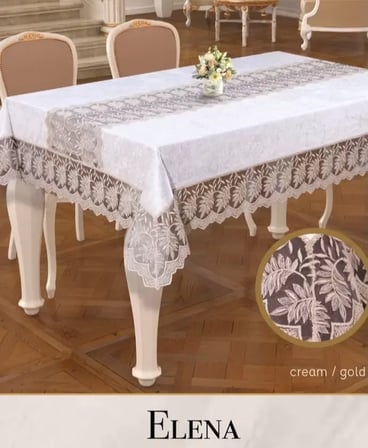 Elena Model Krem-Gold Keten İşlemeli Masa Örtüsü 160x220 cm Dantelli Yemek Masası