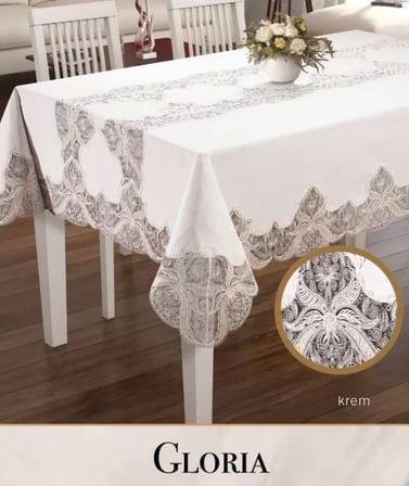 Gloria Model Keten Dantelli 160x260 cm Krem Dekoratif Yemek Masası Örtüsü Tasarım