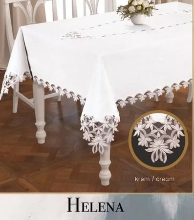 Keten Dantelli Helena Model 155x220 cm Krem Yemek Masası Örtüsü Şık Tasarım
