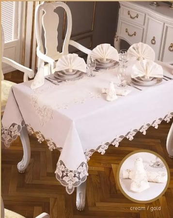 Krem-Gold Karanfil Gardenya Keten 26 Parça 12 Kişilik Premium Yemek Masa Seti