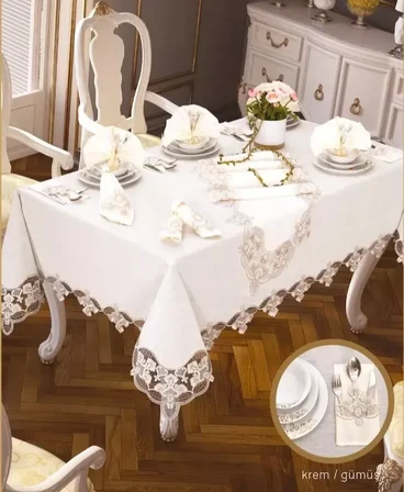 Karanfil Gardenya Keten Krem-Gümüş 26 Parça Modern Supla Runner Sofra Masa Takımı