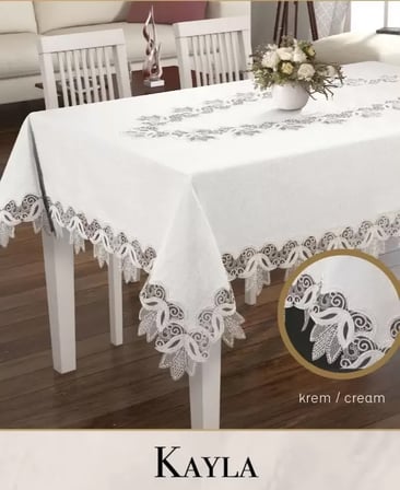 Kayla Model Keten Dantelli 155x220 cm Krem Dekoratif Yemek Masası Örtüsü