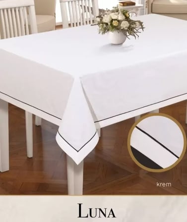 Luna Model Krem 160x220 cm Keten Masa Örtüsü Zarif Yemek Masası Dekoru