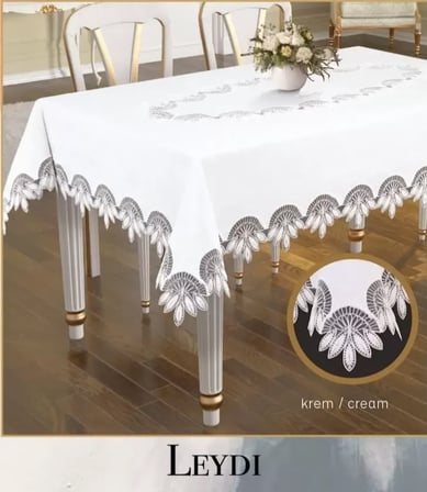 Gardenya Keten Leydi Model Krem 160x220 cm Zarif Yemek Masası Örtüsü Çeyizlik Masa Dekoru