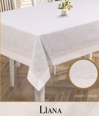 Keten Masa Örtüsü Tablecloth 160x220 cm Dantel Yemek Masası Örtüsü Liana Model Krem