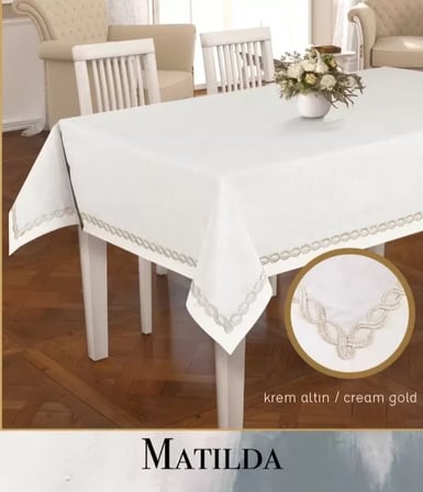 Matilda Krem-Altın 155x220 cm Keten Masa Örtüsü Modern Tablecloth Masa Dekoru