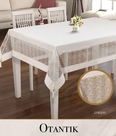 Otantik Model Krem 160x220 cm Keten İşlemeli Dantelli Masa Örtüsü Yemek Masası
