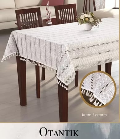 Otantik Model Krem 150x220 cm Pamuklu Masa Örtüsü Tablecloth Şık Yemek Masası