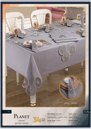 Planet Amerikan Servisli Gri-Silver 34 Parça 8 Kişilik Modern Masa Takımı