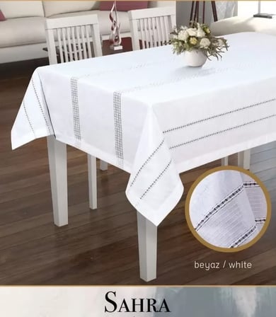 Sahra Model Beyaz 160x220 cm Polyester Ajurlu Keten Masa Örtüsü Tablecloth