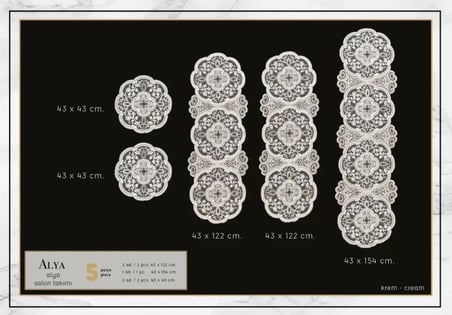 Alya Model Altın 5 Parça Dantelli Salon Takımı Masa Örtüsü Runner Seti