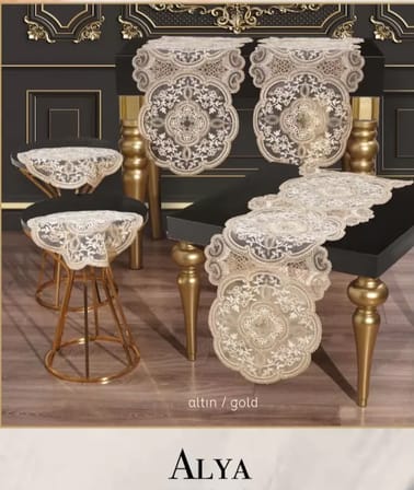 Alya Gold 5 Parça Dantelli Salon Takımı Runner Masa Örtüsü Modern Tasarım